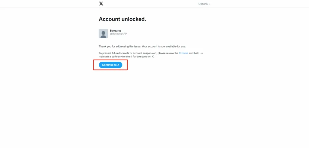 X账号解锁成功,提示Account unlocked
