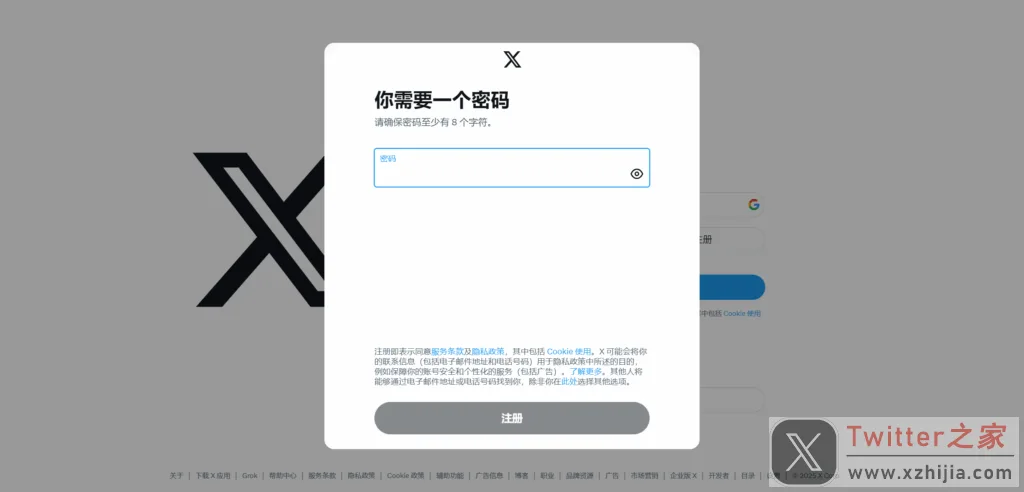 设置 X 账号密码,至少 8 个字符