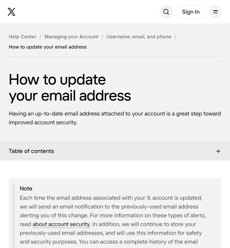 X帮助中心How to update your email address页面，说明更换邮箱会通知旧邮箱