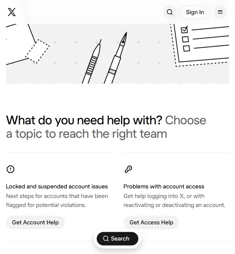 X帮助中心Contact us页面,选择Locked and suspended account issues