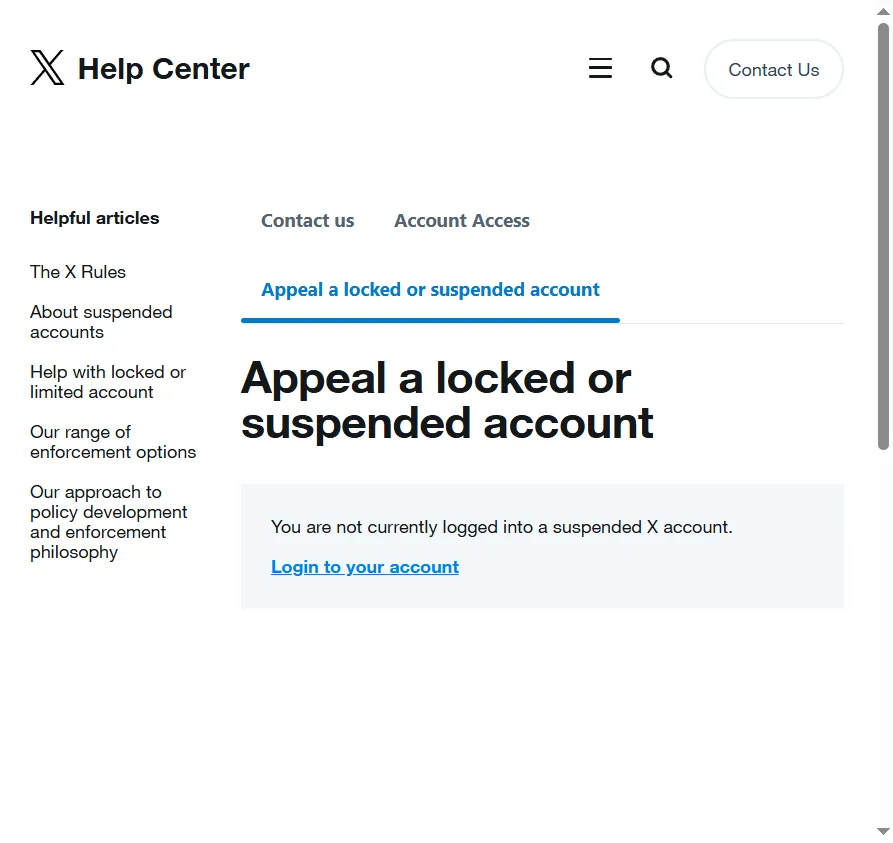 X官方申诉表单Appeal a locked or suspended account