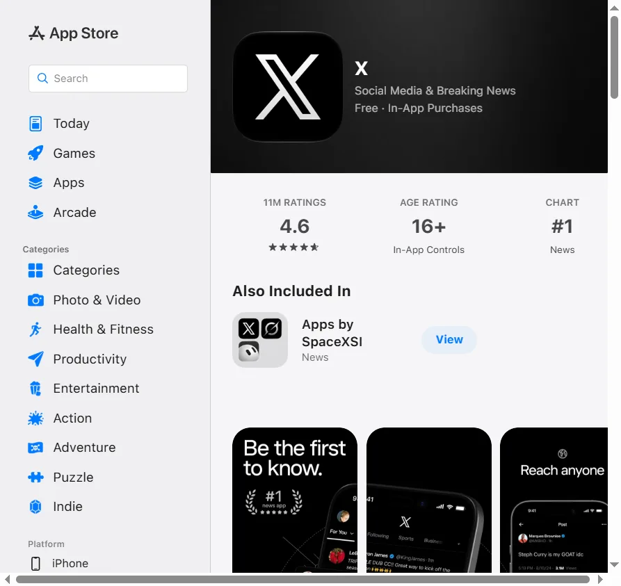 美区App Store中的X官方App页面